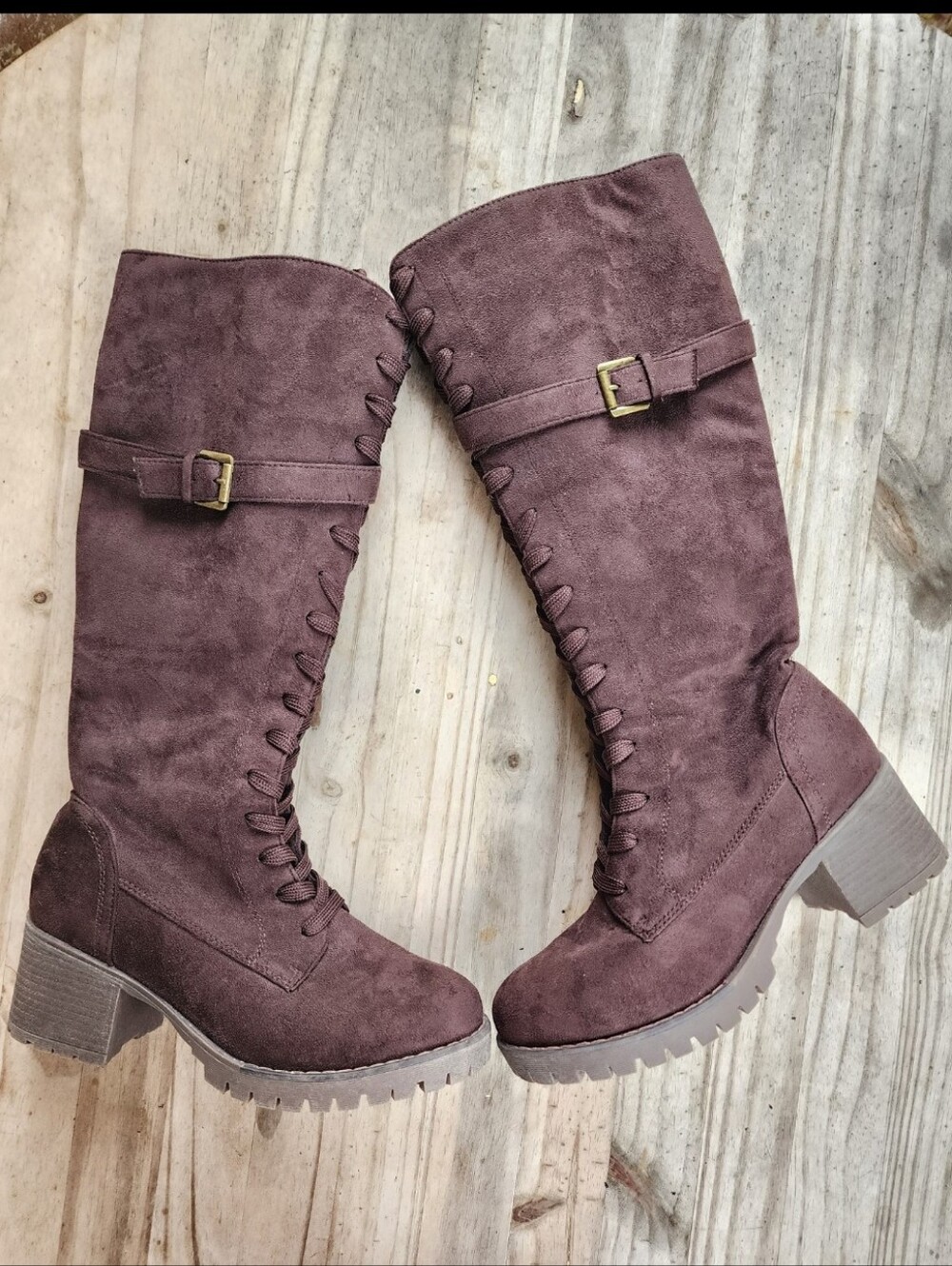 Olivia Miller Size 8 Brown Faux Suede Lace-Up Knee High Combat Boots Lug Sole Bu